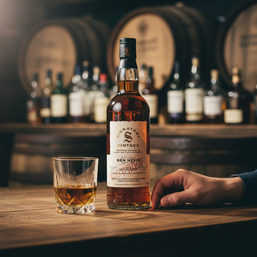 Schwarzbach Spirits Ben Nevis 10 Jahre Signatory Vintage Whisky Flasche mit Glas vor Whiskyfässern