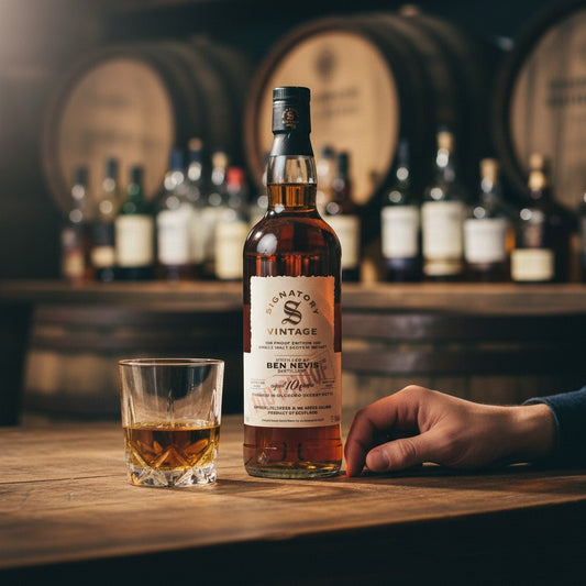 Schwarzbach Spirits Ben Nevis 10 Jahre Signatory Vintage Whisky Flasche mit Glas vor Whiskyfässern