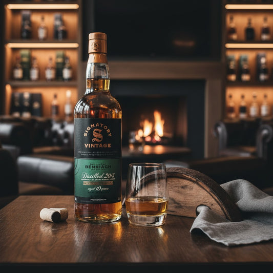 Schwarzbach Spirits Benriach 10 Jahre Signatory Vintage Whisky Flasche mit Glas vor einem Kamin