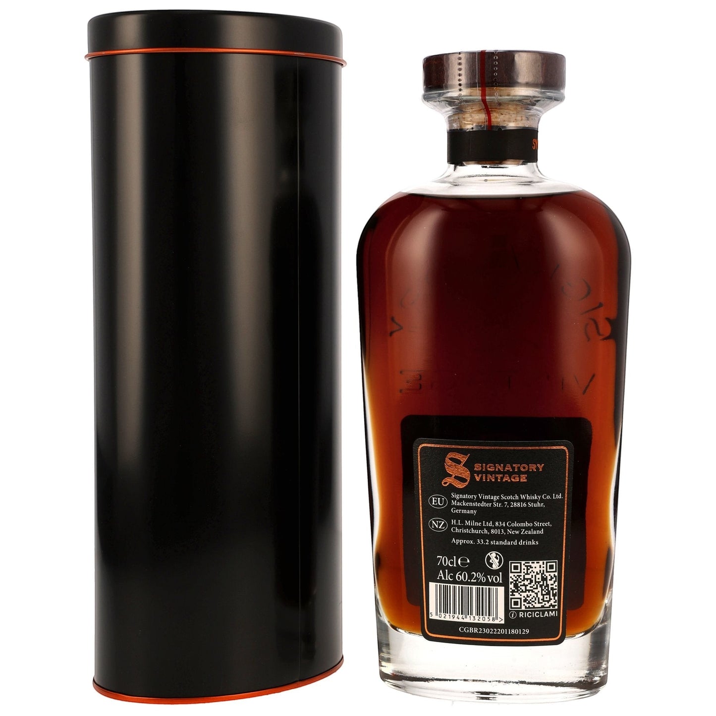 Schwarzbach Spirits Benriach 25 Jahre Single Malt Whisky Flasche mit schwarzer Metalltube und Sherry-Fass-Etikett
