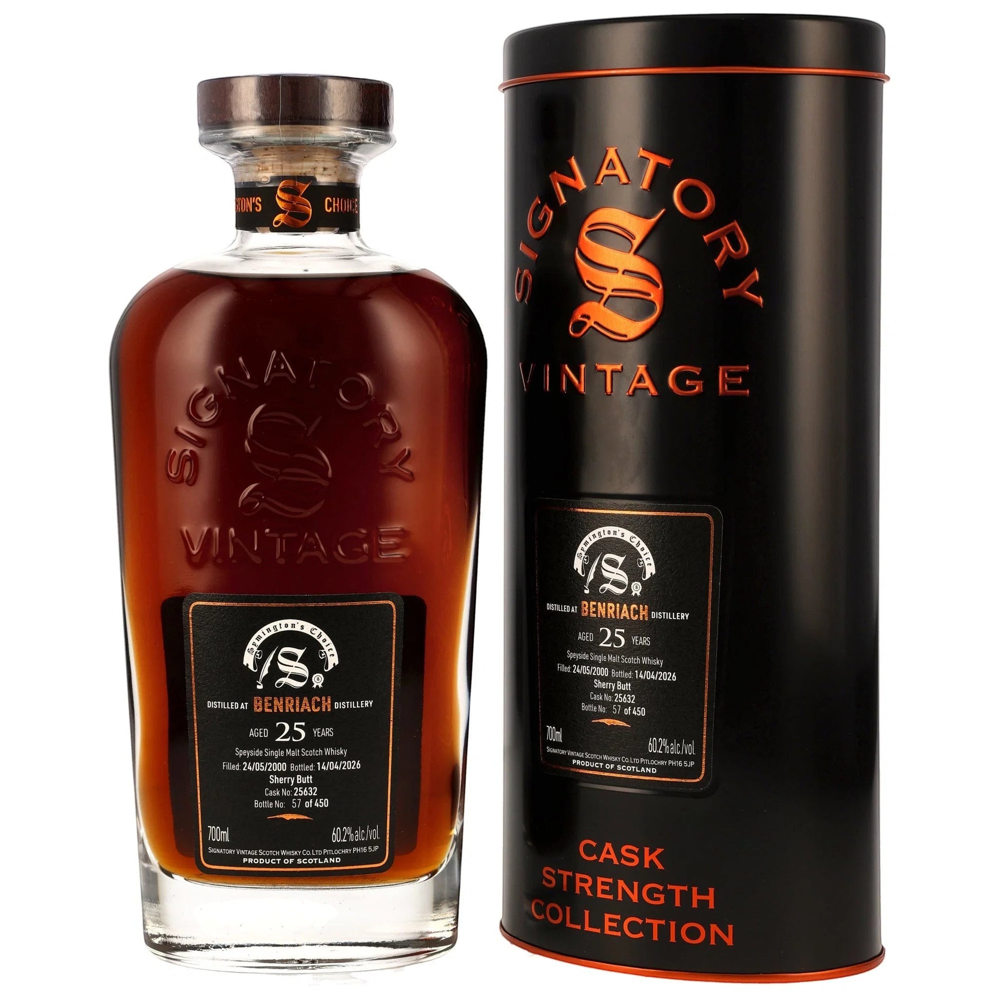 Schwarzbach Spirits Benriach 25 Jahre Single Malt Whisky in dunkler Flasche mit schwarzer Metalltube und Etikett