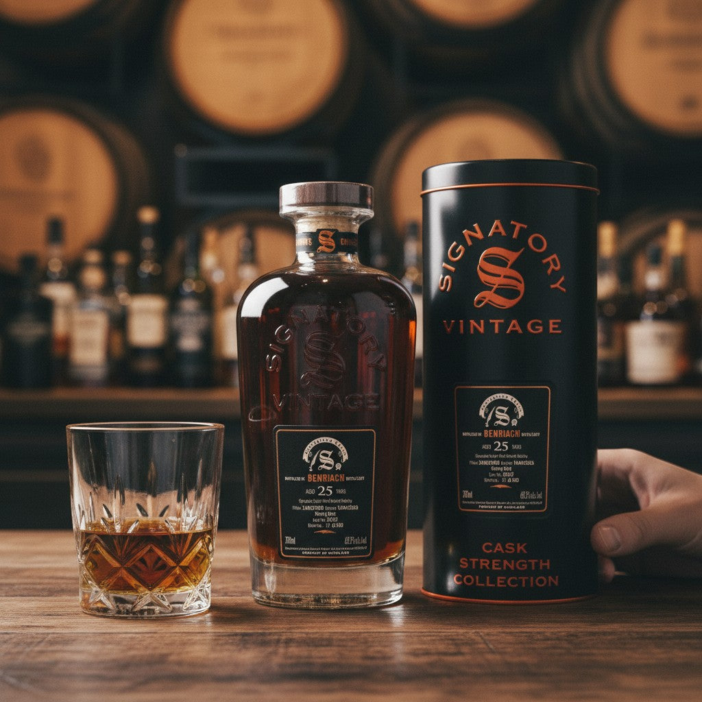 Schwarzbach Spirits Benriach 25 Jahre Whisky in Flasche und schwarzer Metalldose mit Glas auf einem Holztisch