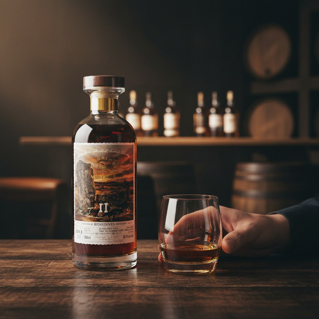 Schwarzbach Spirits Benrinnes 11 Jahre Single Malt Whisky in einer Flasche neben einem Glas auf einem Holztisch