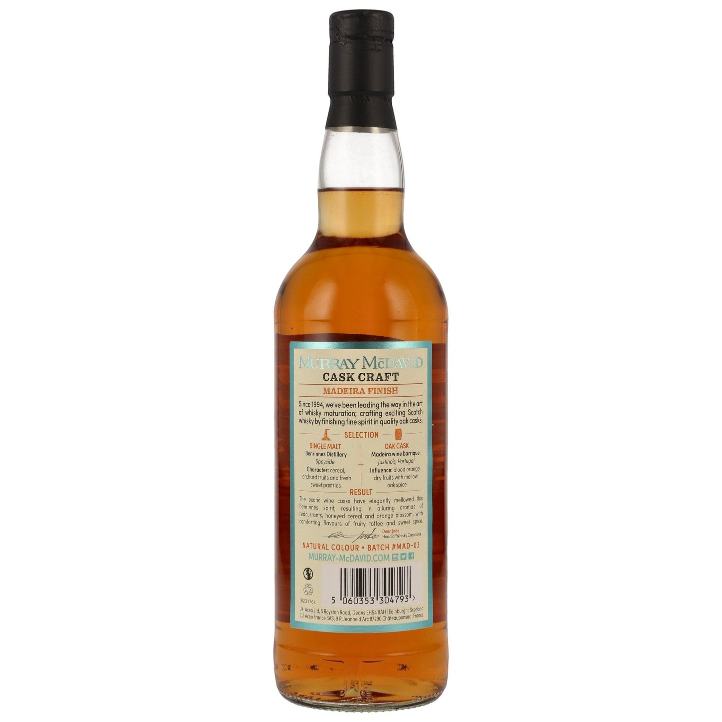 Schwarzbach Spirits Benrinnes Madeira Cask Finish Whisky Flasche mit Etikett der Murray McDavid Cask Craft Collection