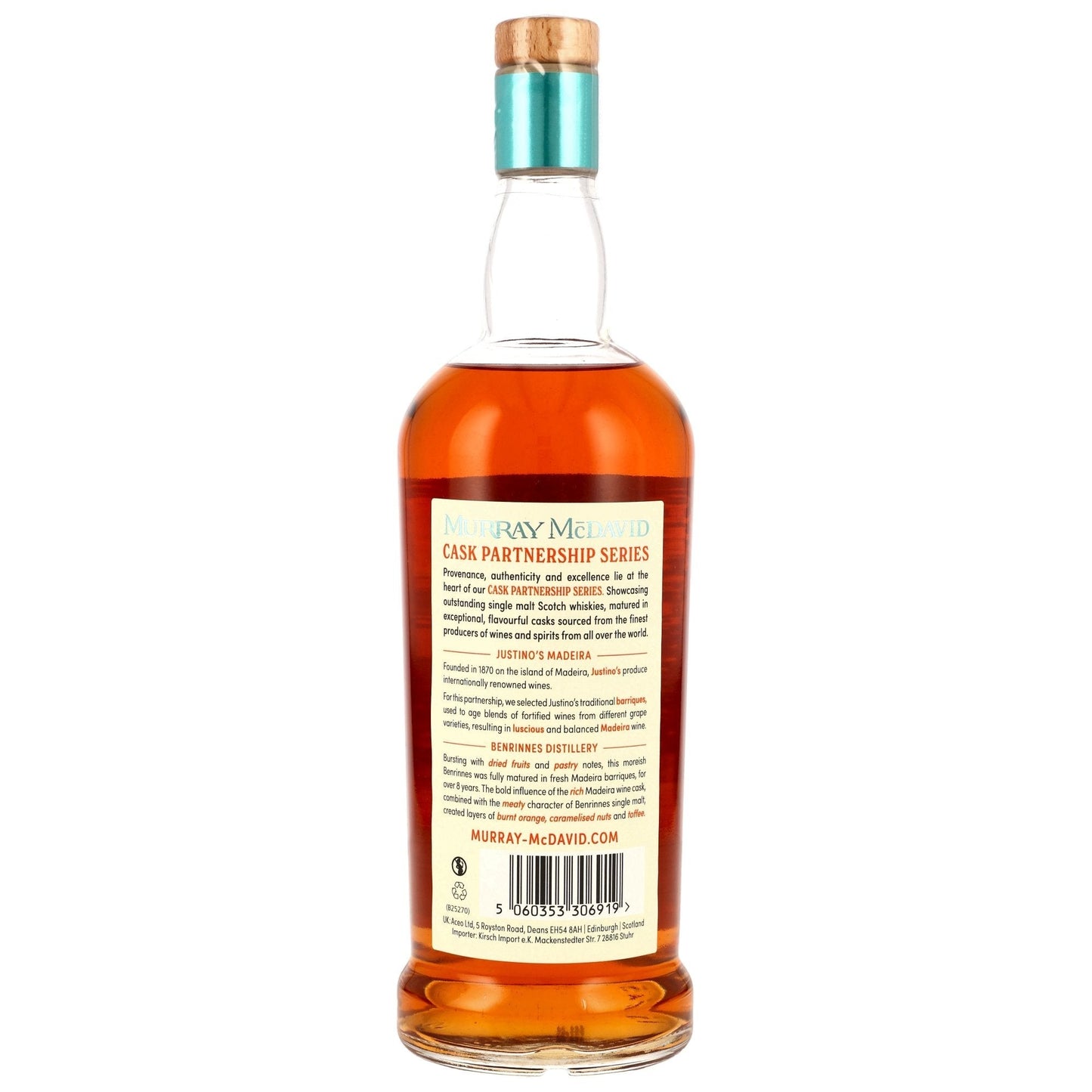 Schwarzbach Spirits Benrinnes 2016/2025 8 Jahre Madeira Cask Partnership Whisky, 55,7% Vol., bernsteinfarben, mit Noten von Trockenfrüchten und Karamell.