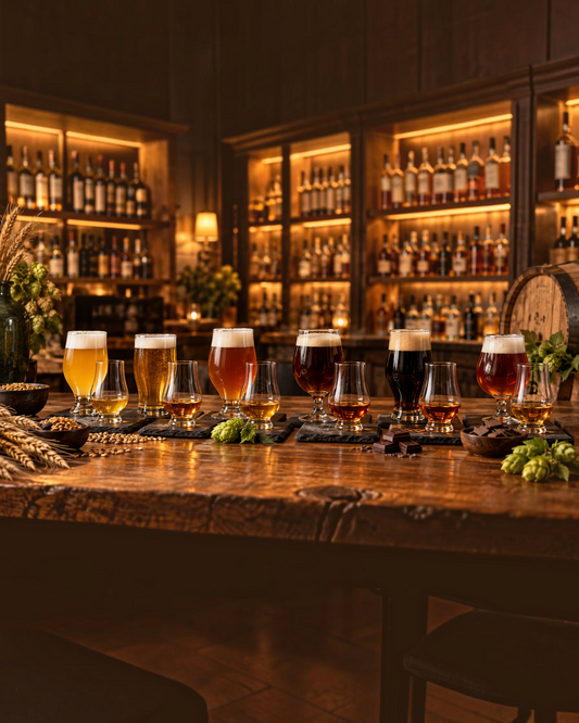 Schwarzbach Spirits Bier und Whisky Tasting mit sechs verschiedenen Bier- und Whisky-Paarungen auf einem Holztisch.