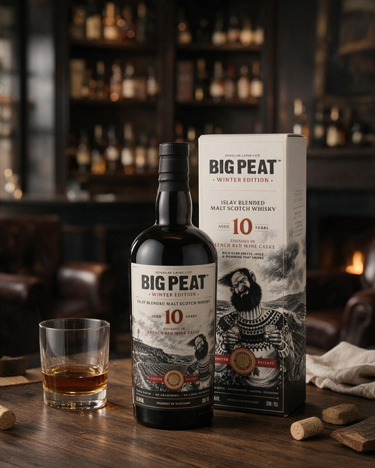 Schwarzbach Spirits Big Peat 10 Jahre Winter Edition 2026 Whisky Flasche mit Geschenkverpackung auf Holztisch