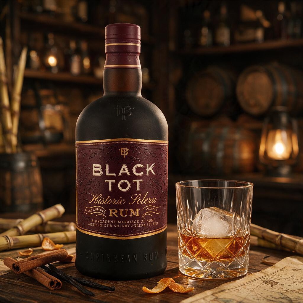 Schwarzbach Spirits Black Tot Historic Solera Rum Flasche mit Glas und Eiswürfeln auf einem rustikalen Holztisch
