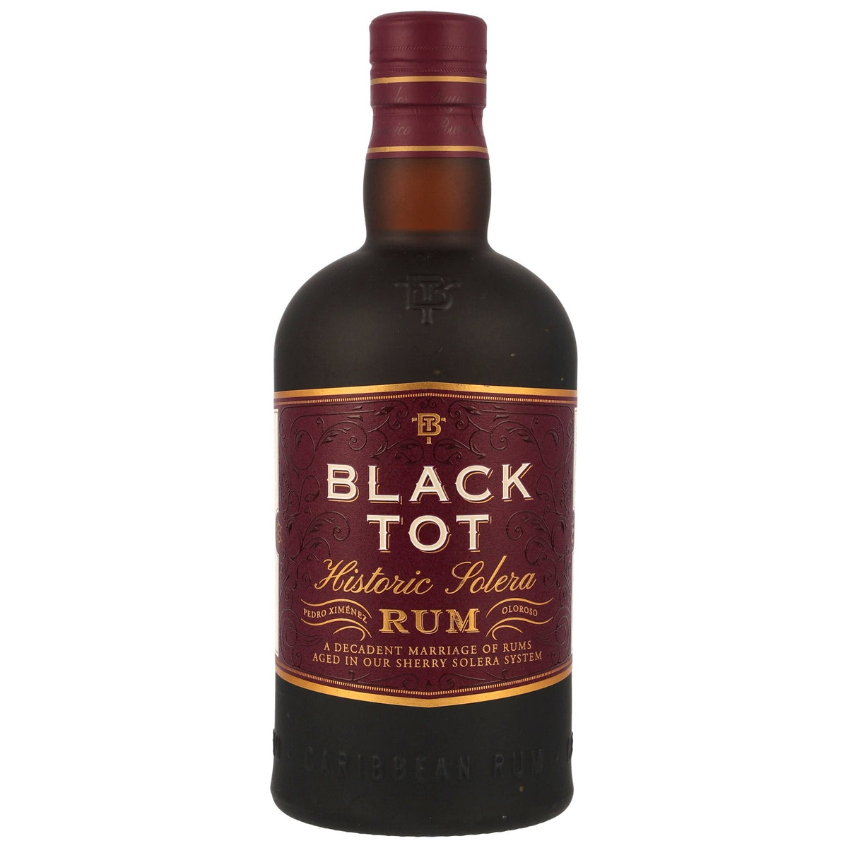 Schwarzbach Spirits Black Tot Historic Solera Rum in einer dunklen Flasche mit elegantem weinrotem Etikett