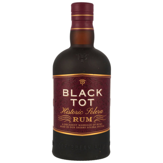 Schwarzbach Spirits Black Tot Historic Solera Rum in einer dunklen Flasche mit elegantem weinrotem Etikett