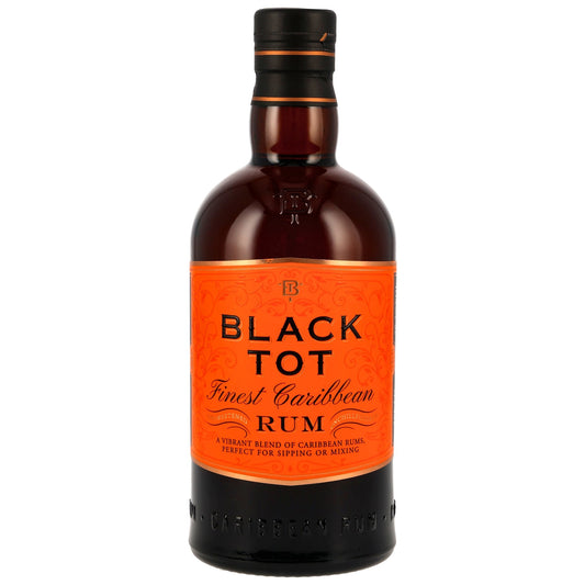 Schwarzbach Spirits Black Tot Finest Caribbean Rum Flasche mit leuchtend orangefarbenem Etikett auf weißem Grund