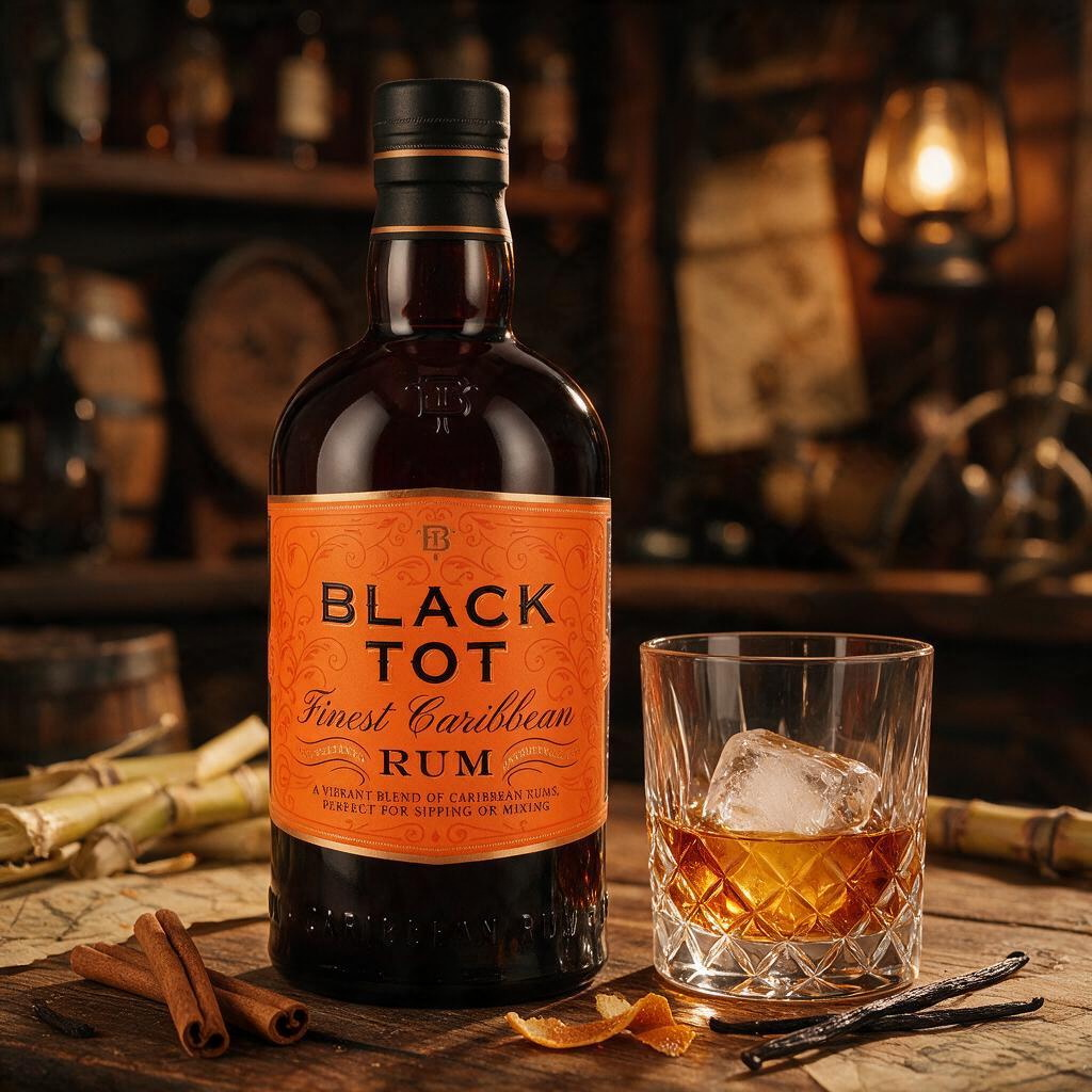 Schwarzbach Spirits Black Tot Finest Caribbean Rum Flasche mit Glas auf einem rustikalen Holztisch mit Zimtstangen