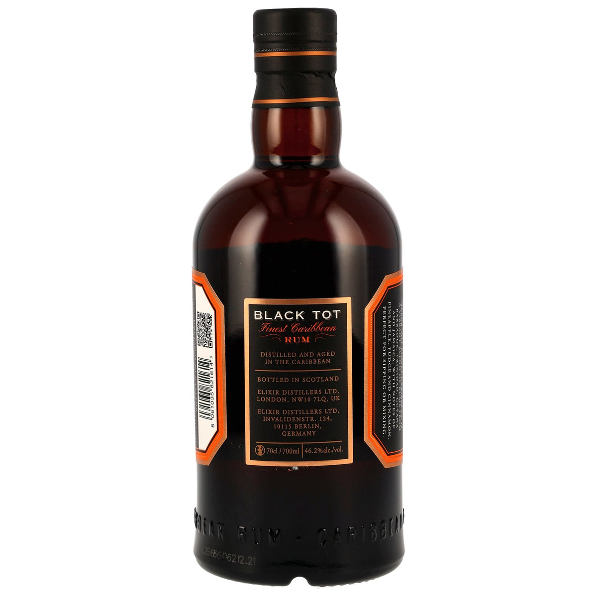 Schwarzbach Spirits Black Tot Finest Caribbean Rum Flasche mit dunklem Etikett und 46,2% Vol. Alkoholgehalt