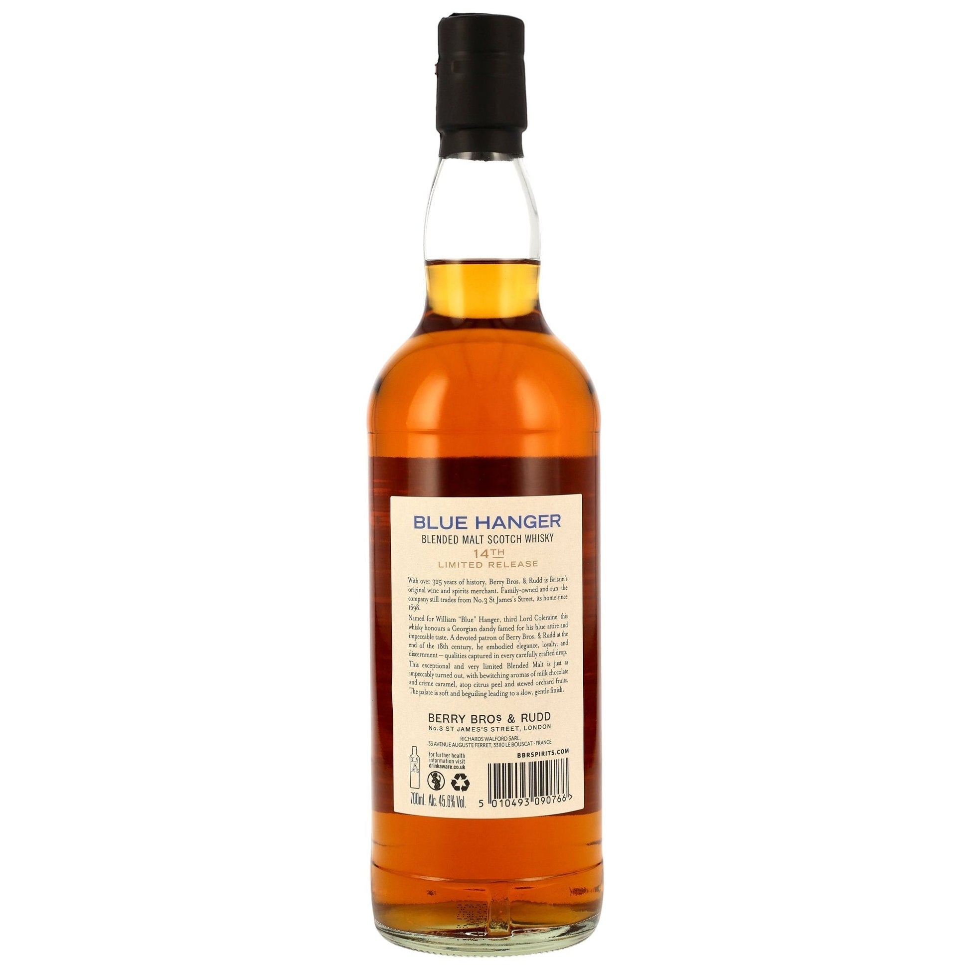 Schwarzbach Spirits Blue Hanger Blended Malt Scotch Whisky 26 Jahre Limited Release No. 14, 45,6% Vol. mit Schokoladen- und Fruchtnoten.