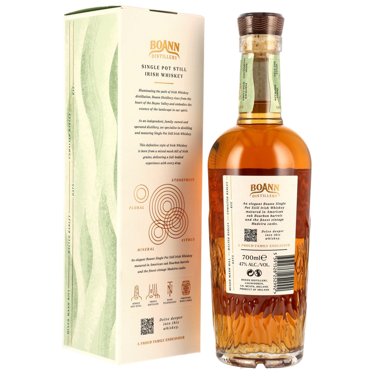 Schwarzbach Spirits Boann Single Pot Still Irish Whiskey mit Madeira-Fass-Finish und passender Geschenkverpackung