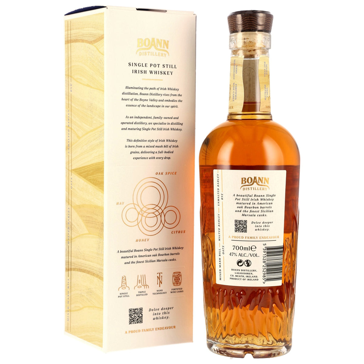 Schwarzbach Spirits Boann Single Pot Still Irish Whiskey in einer Flasche mit passender Geschenkverpackung