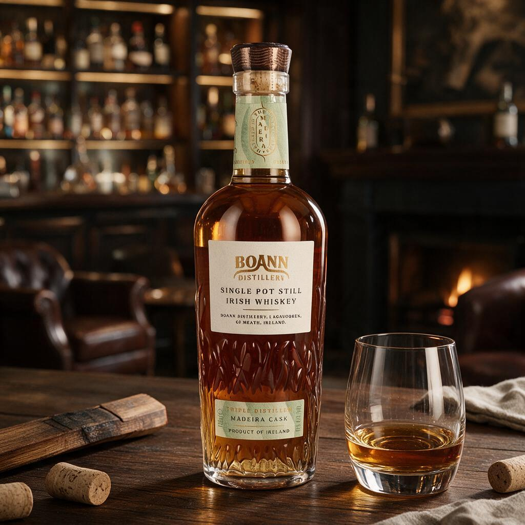 Schwarzbach Spirits präsentiert Boann Single Pot Still Irish Whiskey mit Madeira-Finish in einer eleganten Flasche.