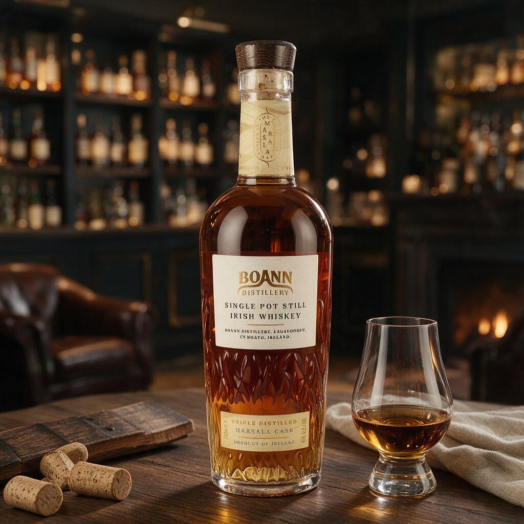 Schwarzbach Spirits Boann Single Pot Still Irish Whiskey in Marsala Fass mit Glas auf Holztisch vor Bar-Hintergrund