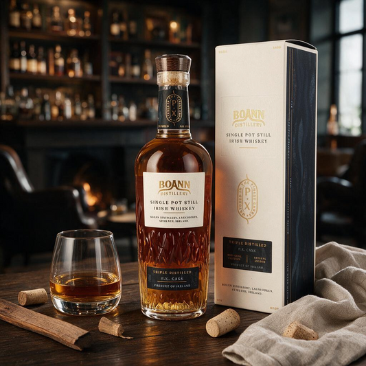 Schwarzbach Spirits Boann Single Pot Still Irish Whiskey in einer Flasche mit Geschenkverpackung und Nosingglas