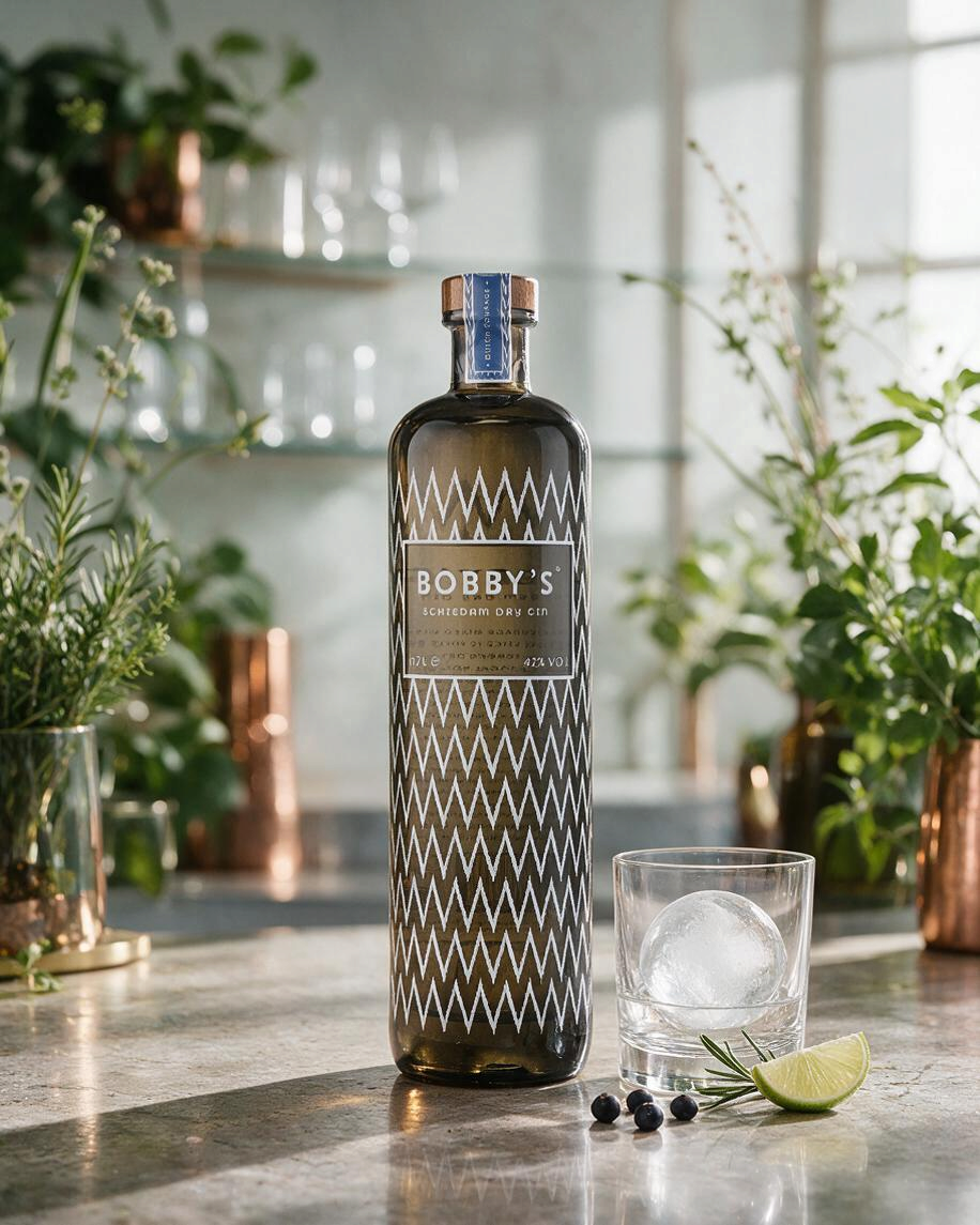 Schwarzbach Spirits Bobby's Schiedam Dry Gin Flasche mit Tumbler, Eiswürfel und Limette auf einem Küchentresen.
