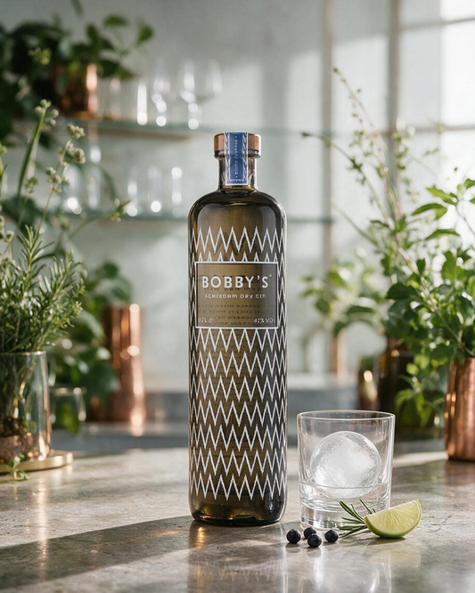 Schwarzbach Spirits Bobby's Schiedam Dry Gin Flasche mit Tumbler, Eiswürfel und Limette auf einem Küchentresen.