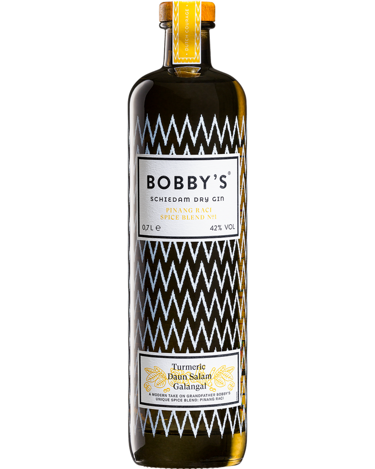Schwarzbach Spirits Bobby's Pinang Raci Spice Blend No. 1 Gin Flasche mit markantem Zickzack-Muster und Holzkorken.
