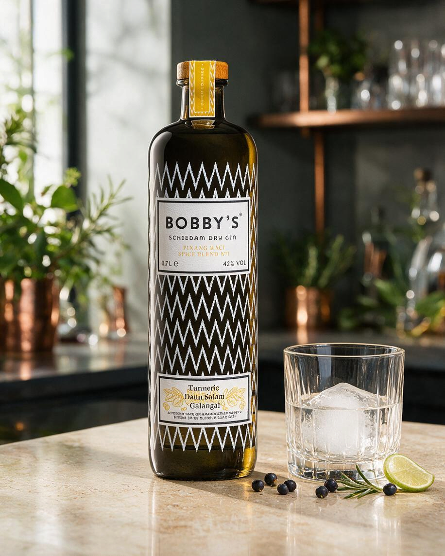 Schwarzbach Spirits Bobby's Pinang Raci Spice Blend No. 1 Gin Flasche mit Glas, Eiswürfel und Gewürzen auf Theke