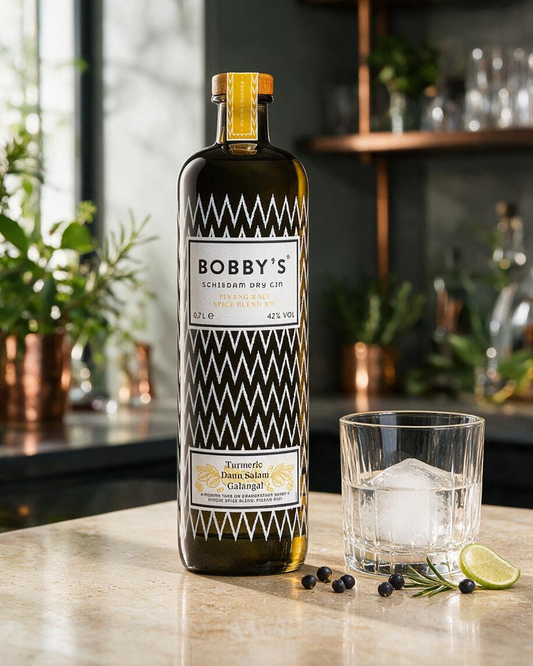 Schwarzbach Spirits Bobby's Pinang Raci Spice Blend No. 1 Gin Flasche mit Glas, Eiswürfel und Gewürzen auf Theke