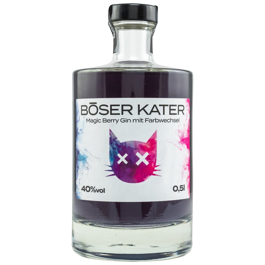 Schwarzbach Spirits BÖSER KATER Magic Berry Gin mit Farbwechsel, 40% Vol., 0.5l. Violett-roter Gin mit Katzenmotiv, ideal als Geschenk.
