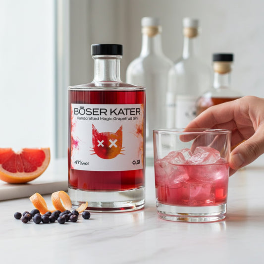 Schwarzbach Spirits BÖSER KATER Magic Grapefruit Gin mit Farbwechseleffekt, 40% Vol., 0,5l Flasche mit Katzenmotiv.