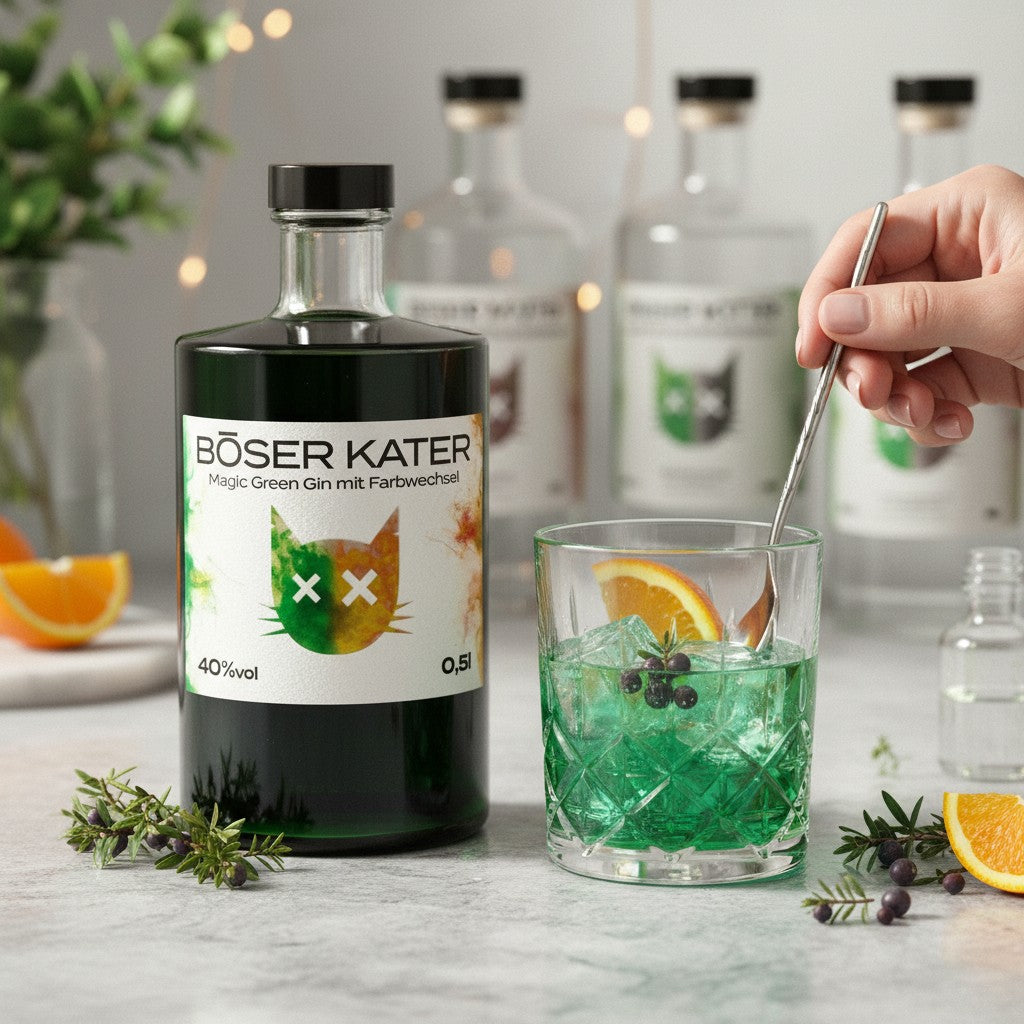 Schwarzbach Spirits BÖSER KATER Magic Green Gin mit Farbwechsel, 40% Vol. 0.5l, vegan, mit Zitrus- und Limettennoten.