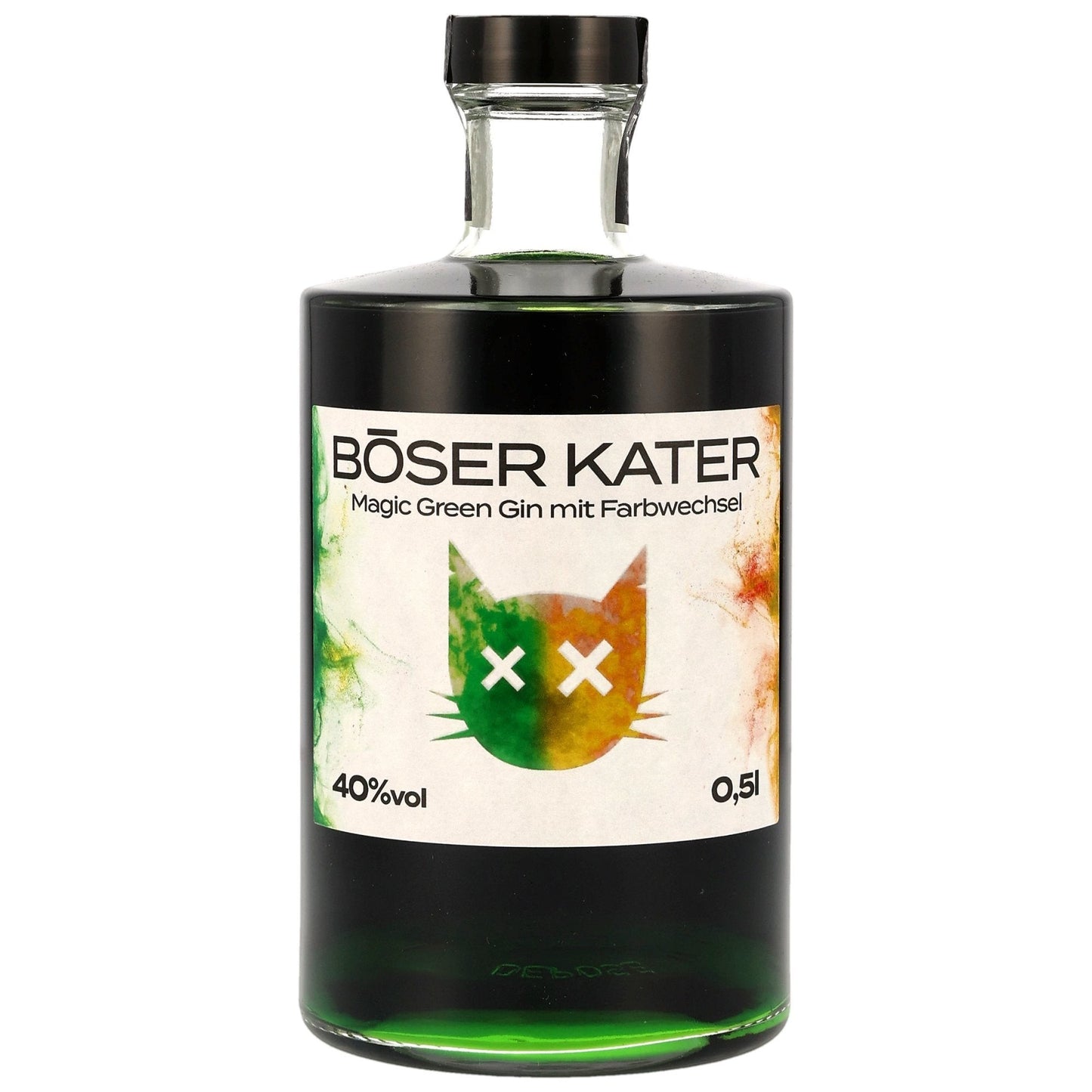 Schwarzbach Spirits BÖSER KATER Magic Green Gin mit Farbwechsel, 40% Vol. 0.5l Flasche mit Katzenmotiv und Farbverlauf von Grün zu Orange.