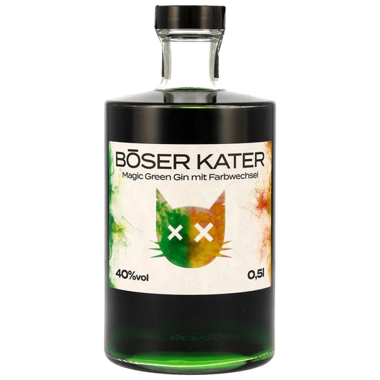 Schwarzbach Spirits BÖSER KATER Magic Green Gin mit Farbwechsel, 40% Vol. 0.5l Flasche mit Katzenmotiv und Farbverlauf von Grün zu Orange.