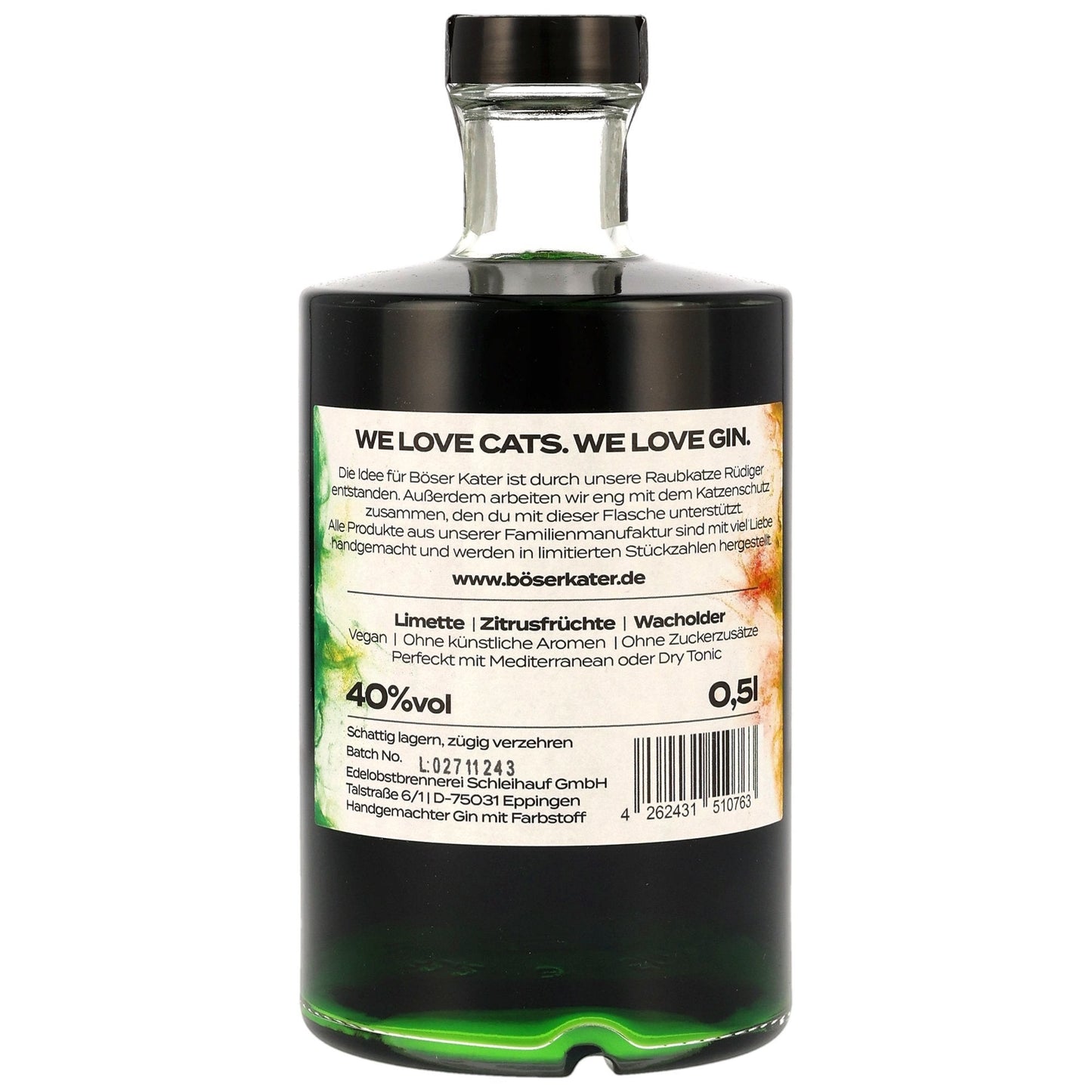 Schwarzbach Spirits BÖSER KATER Magic Green Gin Flasche mit Farbwechseleffekt, 40% Vol., 0,5L, vegan mit Zitrusnoten.