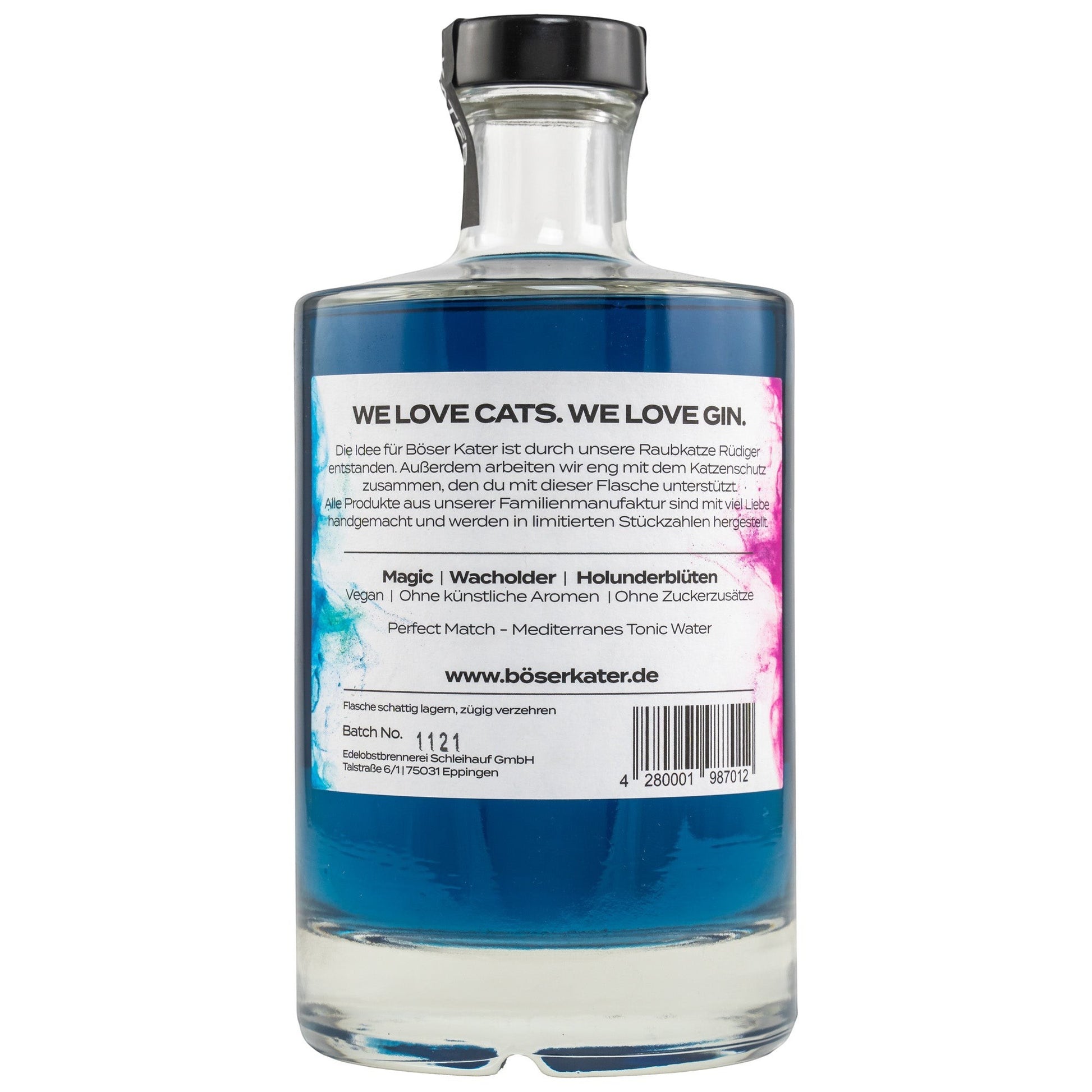 Schwarzbach Spirits BÖSER KATER Two Faced Gin mit Farbwechseleffekt, 40% Vol. und 0.5L Flasche, blau, vegan, mit Holunderblüten und Cranberry.