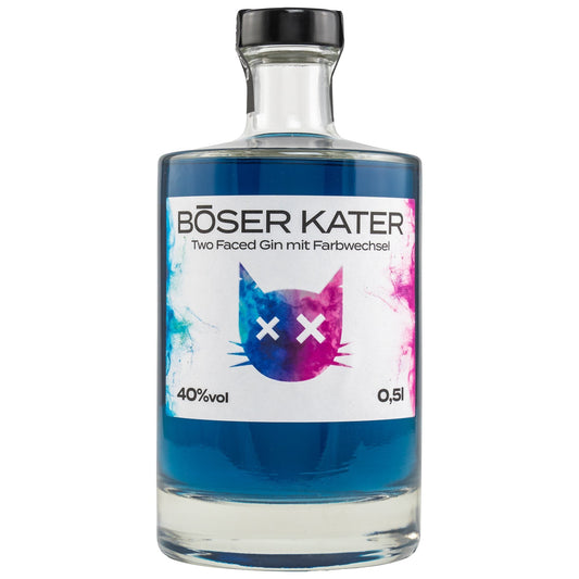Schwarzbach Spirits BÖSER KATER Two Faced Gin mit Farbwechsel, 40% Vol. 0.5l, blaue Flüssigkeit mit Farbwechsel-Effekt zu Violett.