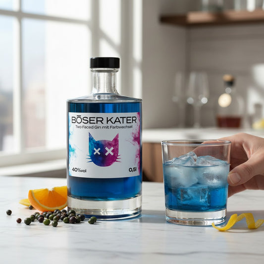 Schwarzbach Spirits BÖSER KATER Two Faced Gin mit Farbwechsel, 40% Vol., 0.5L. Blauer Gin, der sich beim Mischen mit Tonic Water violett verfärbt. Mit Holunderblüten- und Cranberry-Aroma.
