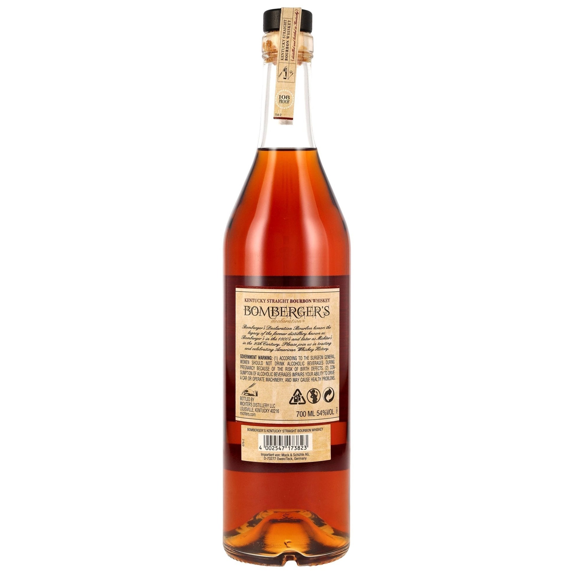 Schwarzbach Spirits Bomberger's Declaration Kentucky Straight Bourbon 2025 Release, 54% Vol., 700ml, amber colour, unfiltered, in a glass bottle.
