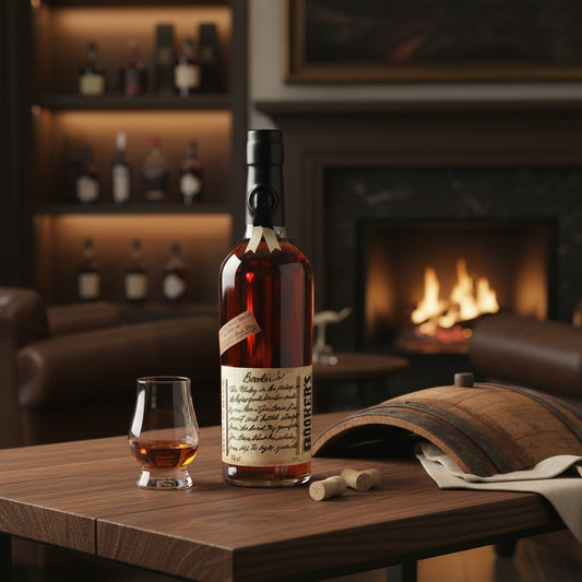 Schwarzbach Spirits Booker's Bourbon Flasche mit Glas auf Holztisch vor einem Kamin