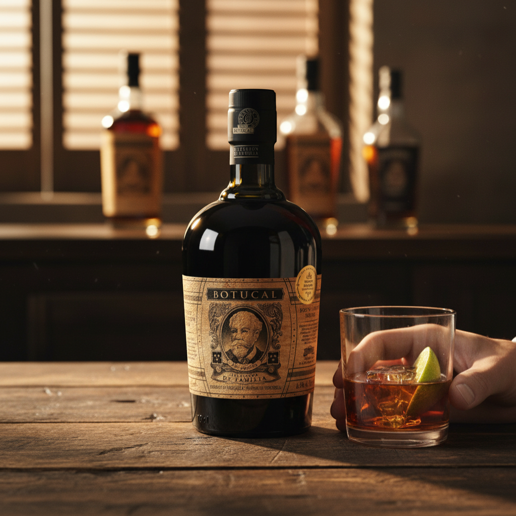 Schwarzbach Spirits BOTUCAL Seleccion de Familia rum, deep amber colour, 43% Vol. Presented in a dark bottle with a vintage label and matching cylindrical tube.