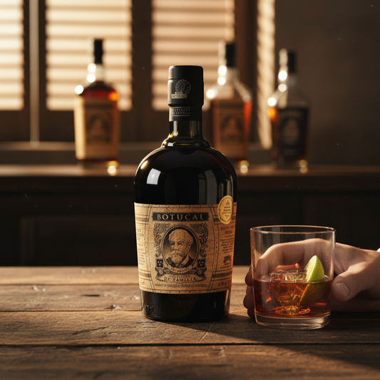 Schwarzbach Spirits BOTUCAL Seleccion de Familia rum, deep amber colour, 43% Vol. Presented in a dark bottle with a vintage label and matching cylindrical tube.