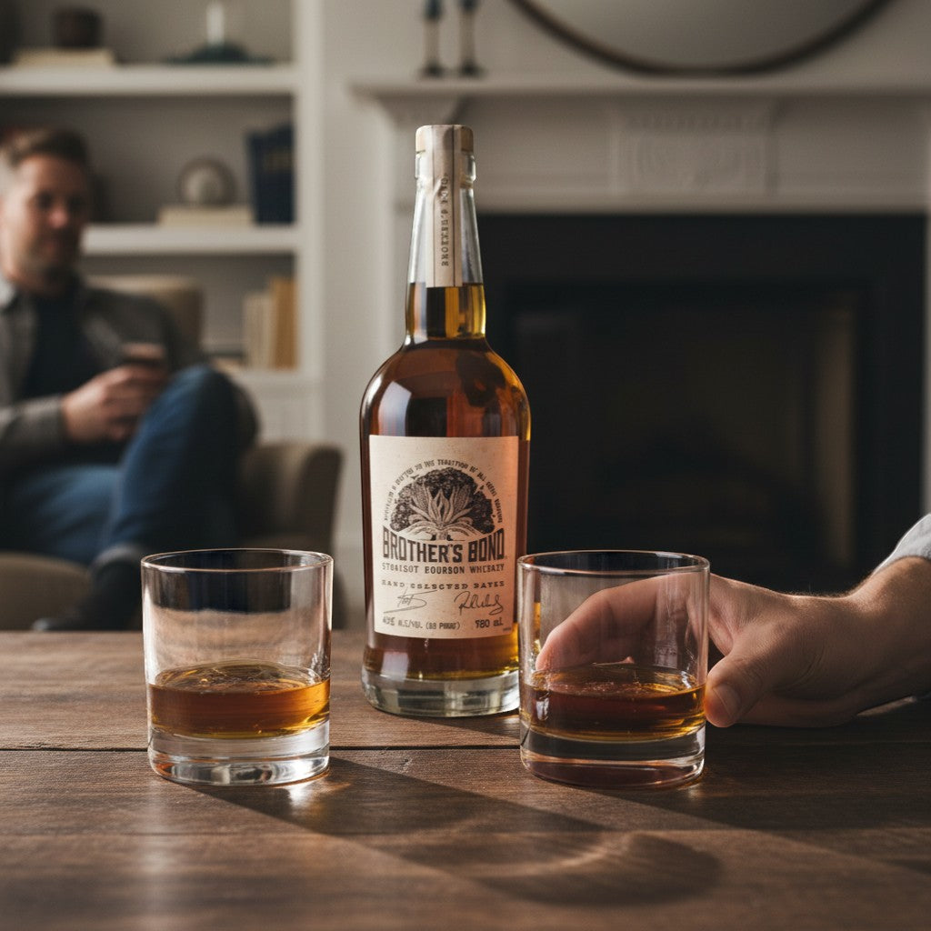 Schwarzbach Spirits Brother's Bond Straight Bourbon Whiskey 40% Vol. in einer Flasche und zwei Gläsern auf einem Holztisch.