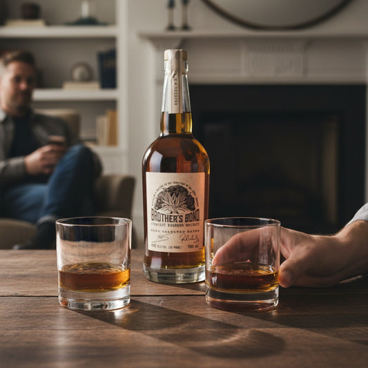 Schwarzbach Spirits Brother's Bond Straight Bourbon Whiskey 40% Vol. in einer Flasche und zwei Gläsern auf einem Holztisch.