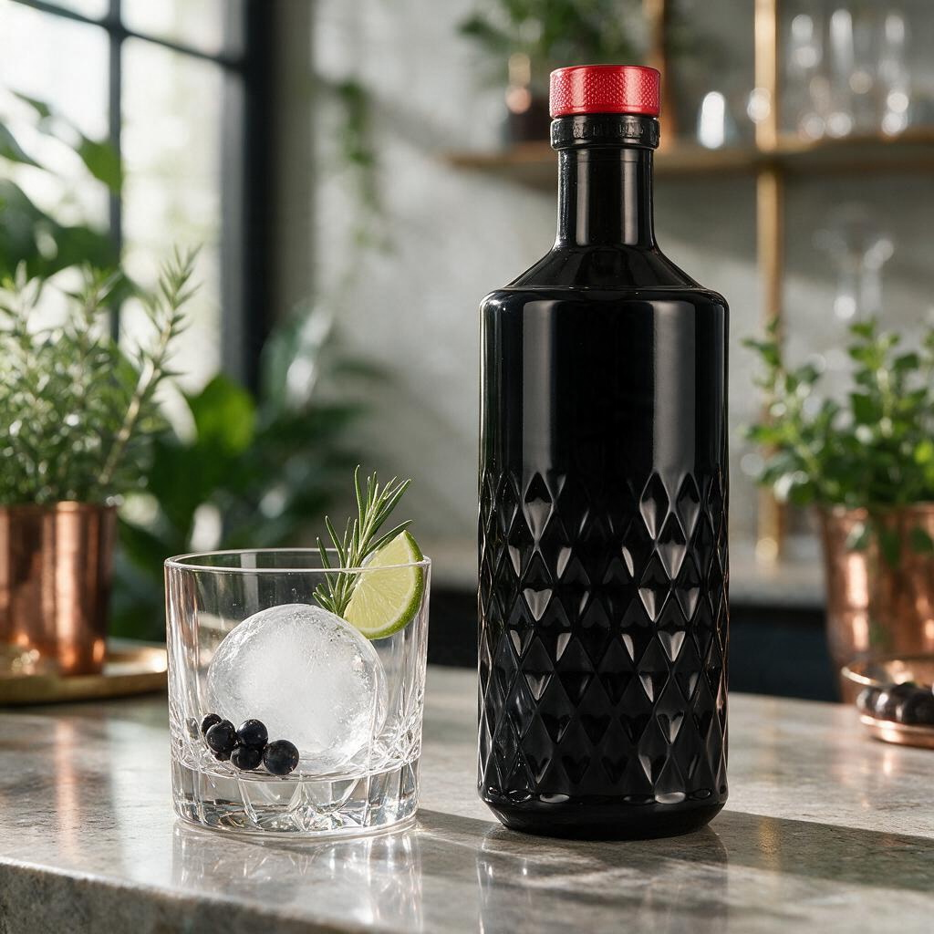Schwarzbach Spirits BROCKMANS Gin in schwarzer Flasche mit Glas, Eiswürfel, Limette und Beeren auf einer Theke