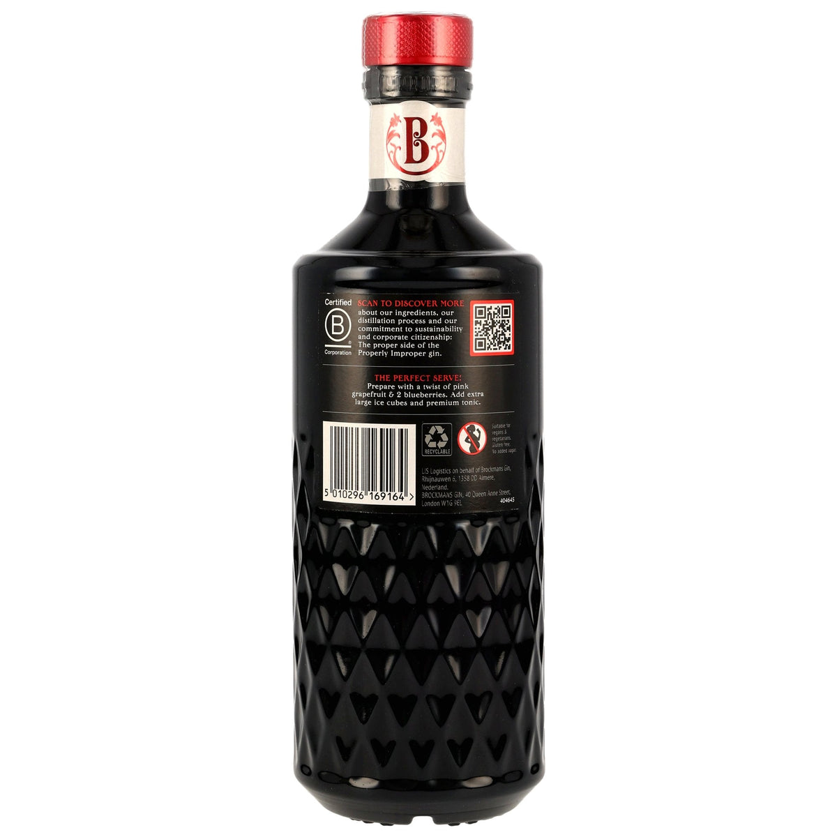 Schwarzbach Spirits BROCKMANS Premium Gin Flaschenrückseite mit Etikett und QR-Code in der charakteristischen Flasche