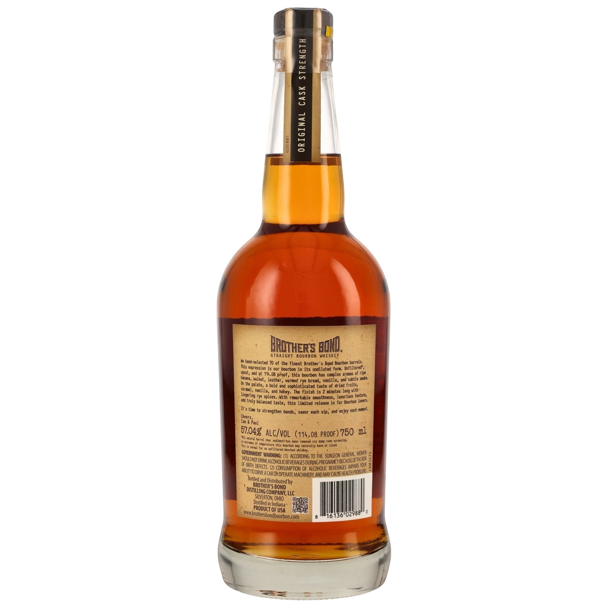 Schwarzbach Spirits Brother's Bond Cask Strength Bourbon Whiskey, 57.04% Vol., 750ml bottle, amber liquid, clear glass bottle, rustic label.