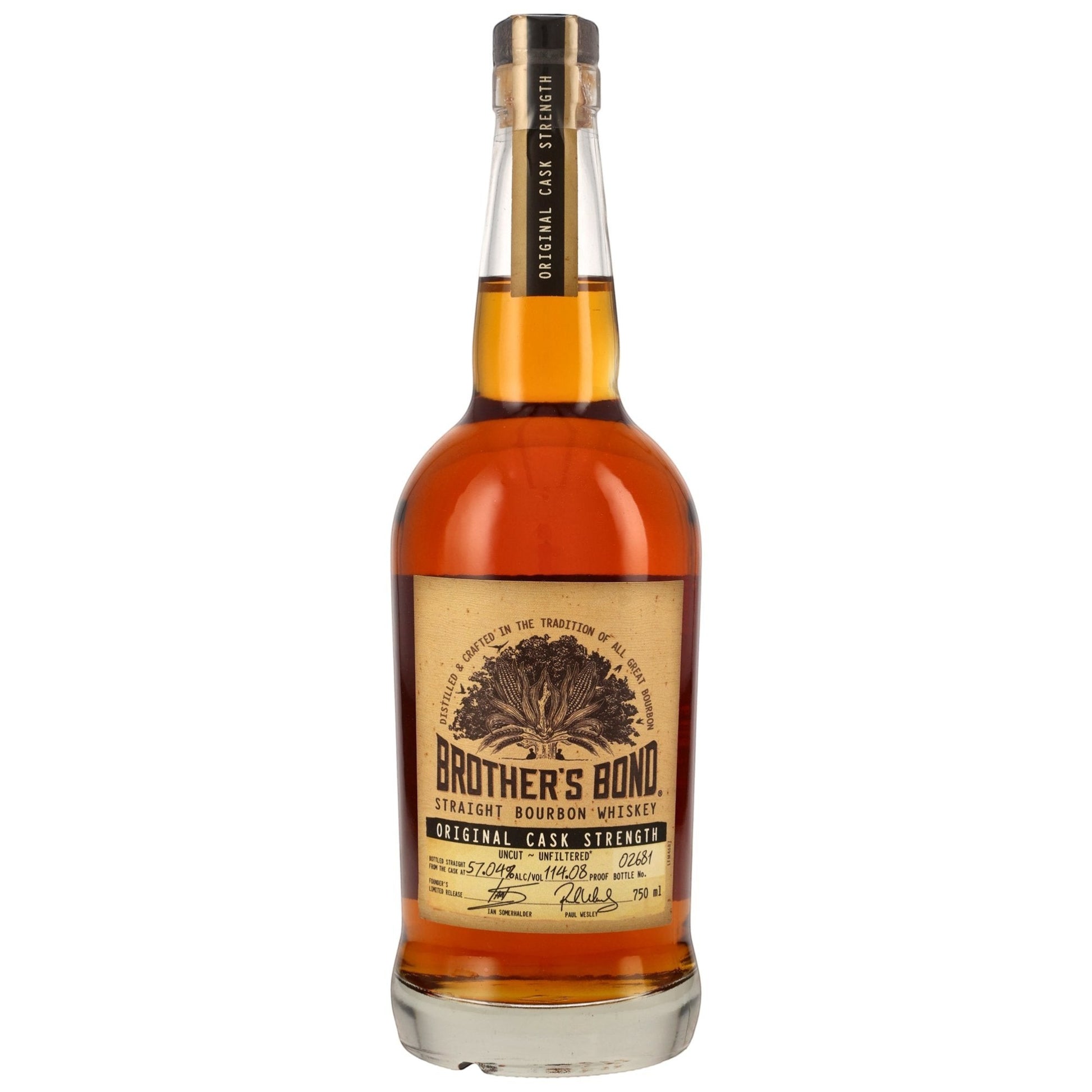 Schwarzbach Spirits Brother's Bond Bourbon Cask Strength 57,04% Vol. in einer Glasflasche mit Etikett und Korkverschluss.
