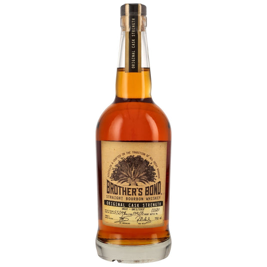 Schwarzbach Spirits Brother's Bond Bourbon Cask Strength 57,04% Vol. in einer Glasflasche mit Etikett und Korkverschluss.
