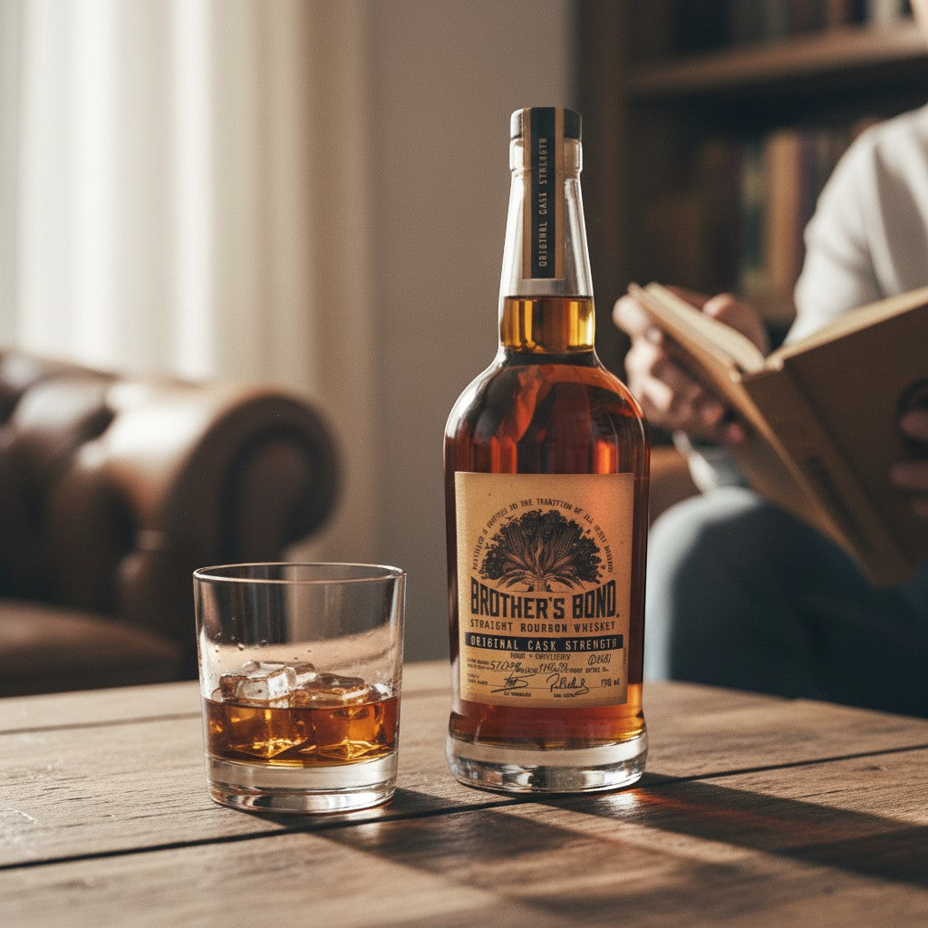 Schwarzbach Spirits Brother's Bond Cask Strength Bourbon Whiskey in Glas und Flasche auf Holztisch