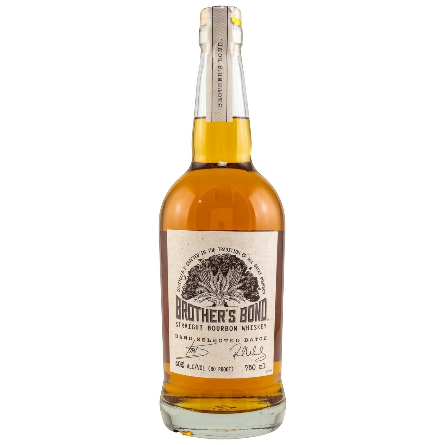 Schwarzbach Spirits Brother's Bond Straight Bourbon Whiskey, 40% Vol., 750 ml, goldfarben, in Glasflasche mit Etikett und Baum-Design.